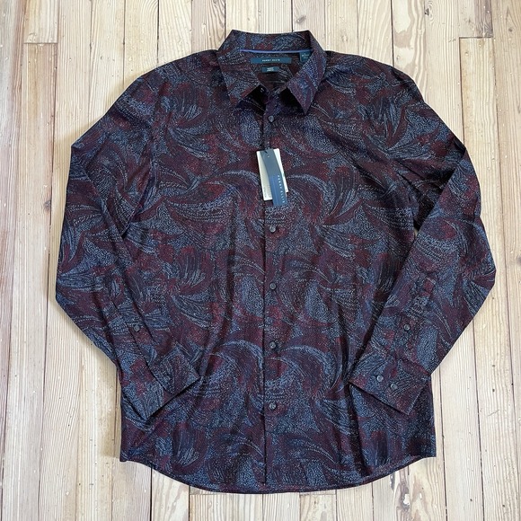 NWT PERRY ELLIS Mens L Red Blue Black Abstract Print Stretch Button Down Shirt - Picture 1 of 9
